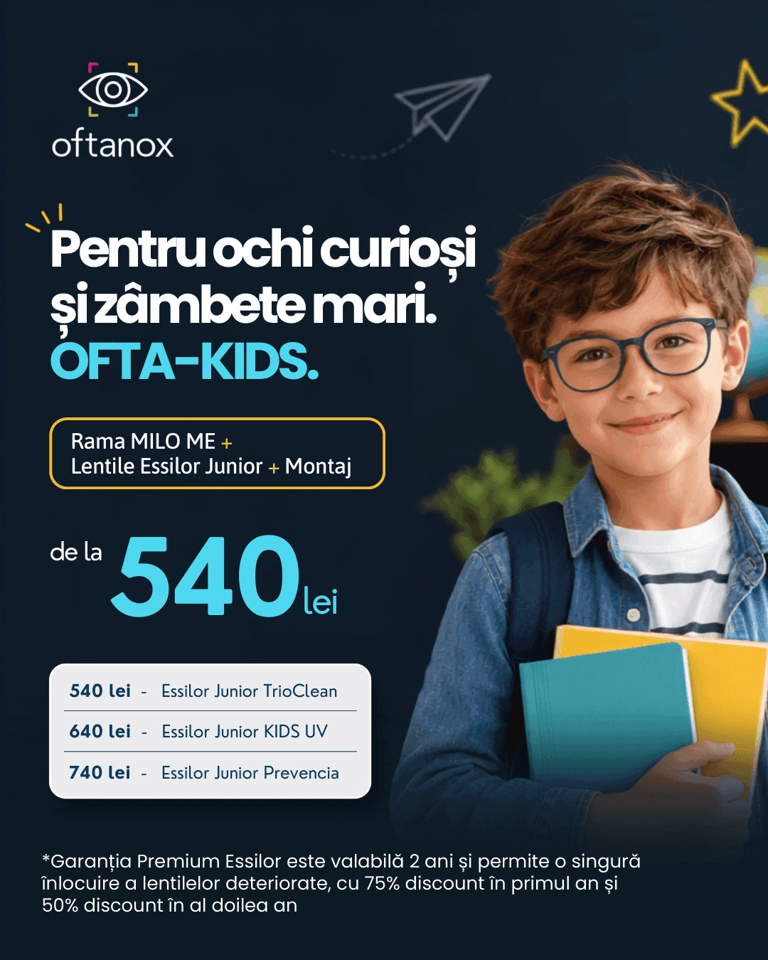 OFTA-KIDS — rama MILO ME + lentile Essilor Junior + montaj, de la 540 lei